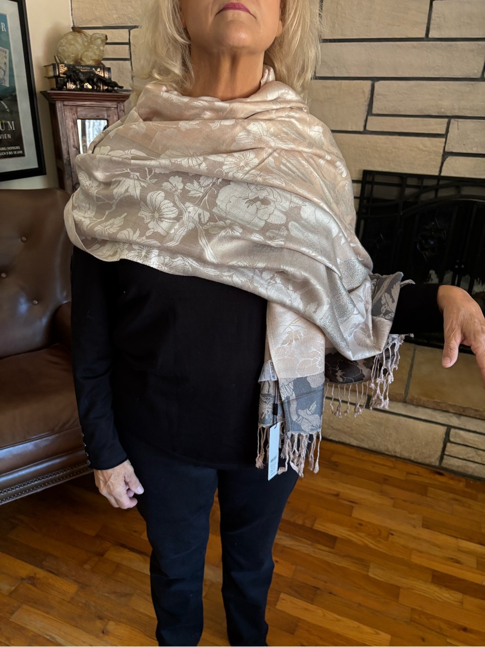 Chico's Cream Floral Jacquard Wrap Scarf